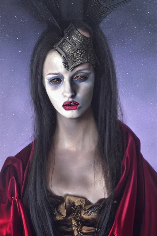 Image similar to hyperrealism oil painting, close - up portrait of european medieval brunette vampire fashion model, knight, steel gradient mixed with nebula sky, in style of baroque