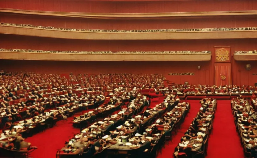 Prompt: 60s movie still of a CCCP congress in a stalinist style parlement, by Irving Penn , cinestill 800t 35mm eastmancolor, heavy grainy picture, very detailed, high quality, 4k, HD criterion, precise texture