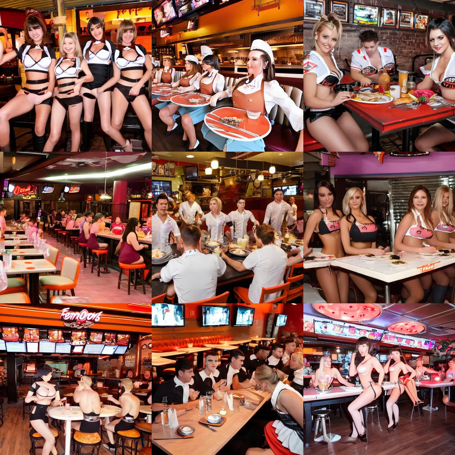 Prompt: inside Femboy Hooters restaurant where waiters are serving tables