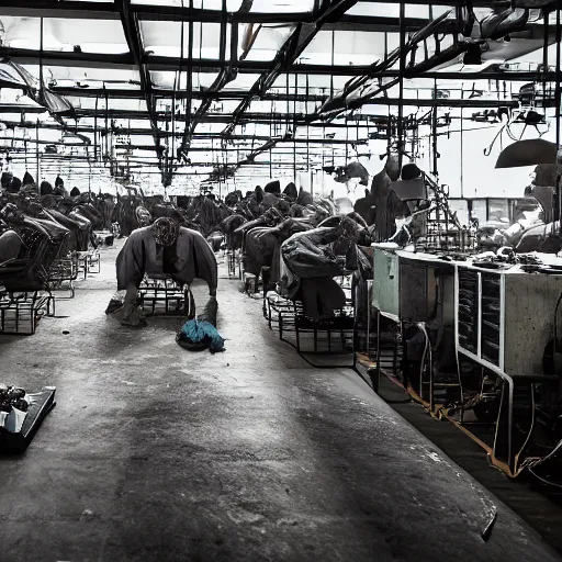 Image similar to evil souls being produced in surreal sweatshop under fluorescent light hell, advanced, photorealistic, realistic, dramatic lighting, fantastic reality, by stefan bakałowicz, 8 k resolution