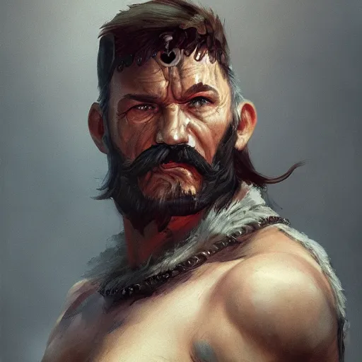 Image similar to portrait old vice barbarian warrior with trucker mustache and short hair, 8 k, trending on art station, by tooth wu and greg rutkowski