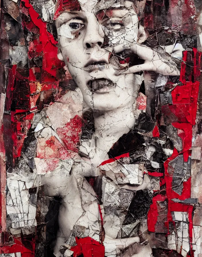 Prompt: boy from fight club detailed mixed media collage with canvas texture in style of contemporary art, punk art, photorealism, sensual bodies, expressionism, masterpiece, perfect composition, spectacular quality, intricate oil details, broken glass photo, torn paper intricate texture, large cracks, liquid glue spots, dark red and white chaotic background