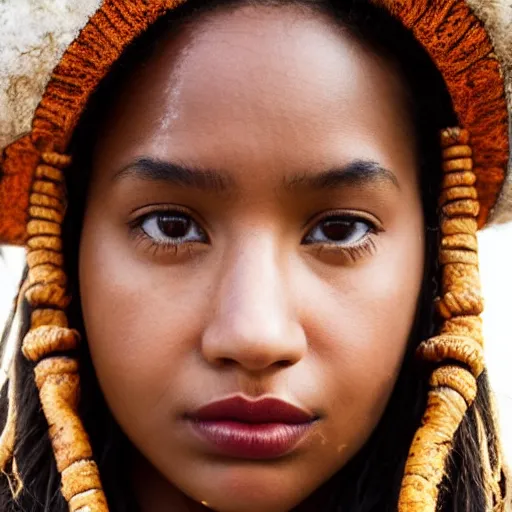 Image similar to closeup photo of a young american tribal woman in the style of rosie matheson