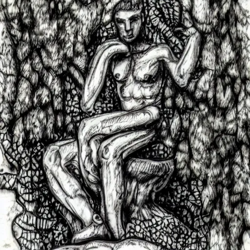 Prompt: The Thinker Sculpture covered in mushrooms & peyote & ayahuasca vines, sitting in a dense luscious forest, ink sketch, Naturalist