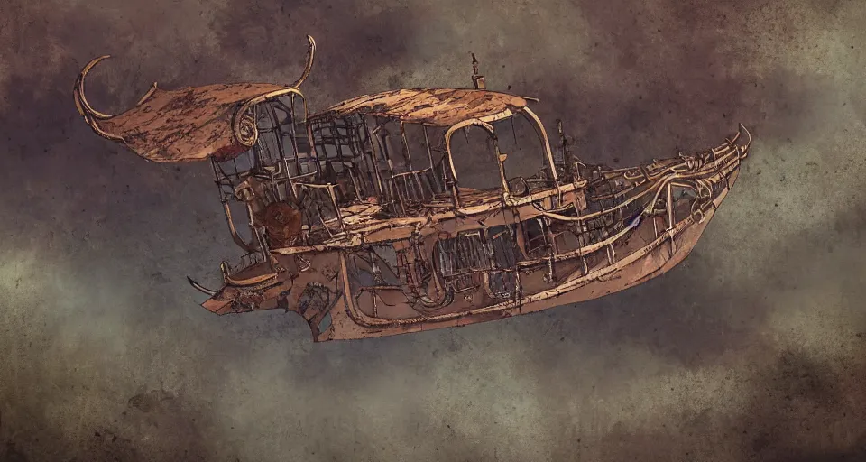 Prompt: rusty broken steampunk flying ship taken by ferns and vines, steppe, misty background, from the game pathologic 2, highly detailed, sharp focus, matte painting, by studio ghibli, by su jeong ahn, by isaac levitan and asher brown durand,