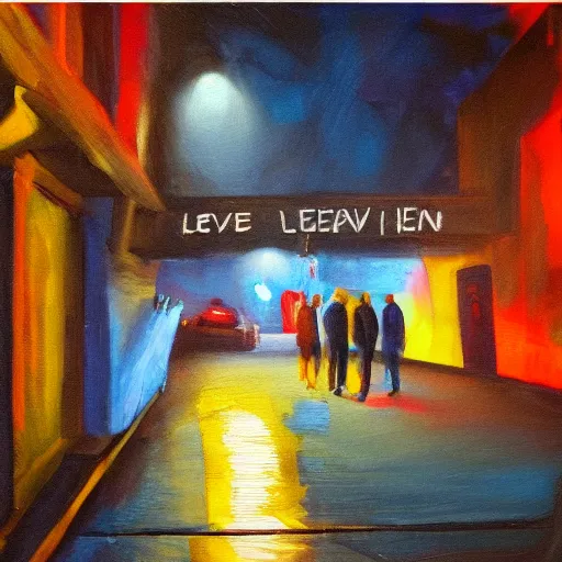 Image similar to Leaving Heaven Nightclub at 5am, oil on canvas