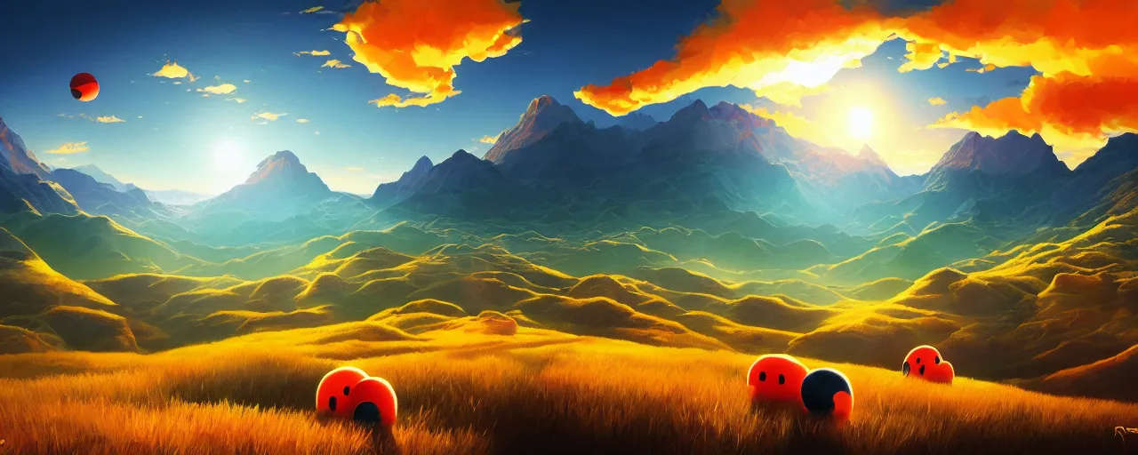 Image similar to detailed round pacman, with ghosts, in a beautiful nature landscape with clouds, mountains, in background, sunset, by rhads, round pacman, detailed, coherent