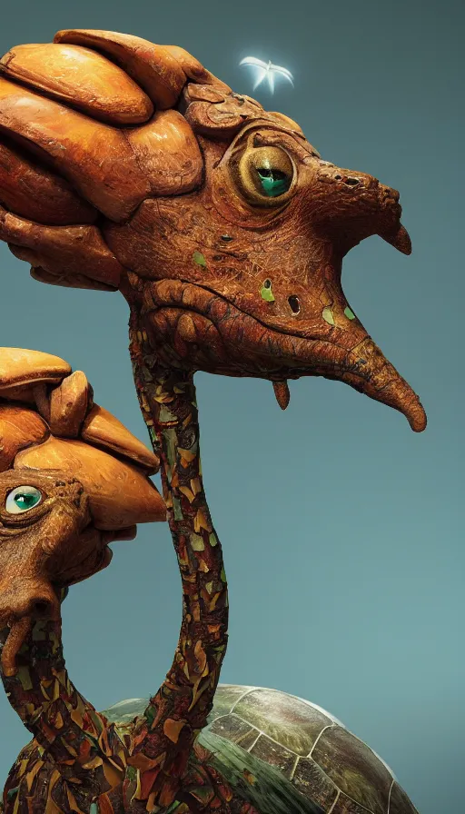 Image similar to a smartly dressed strange bird turtle giraffe chimera creature with scales feathers fins tusks on a lush fertile alien planet, in the style of shaun tan, sam shearon, dr seuss, leng jun, max ernst, close up, fantastic, wonderful, science fiction, dramatic studio lighting, atmospheric, national geographic, 3 d sculpture 8 k octane render