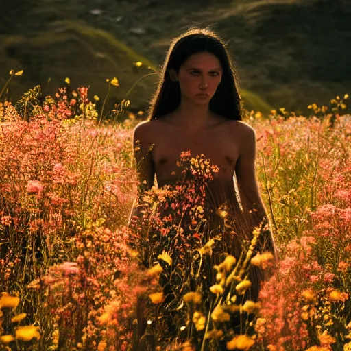 Image similar to hyper realistic cinematic photo human body made of wild flowers, golden hour