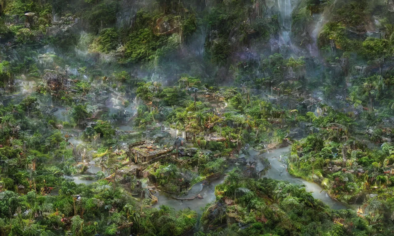 Image similar to a futuristic utopia, enchanted world, ancient amazon winding river valley deep valley taken from 3 0 meters high, otherworldly, botanical garden, waterscape, overgrowing floral lush, glistening in the morning light, 8 k, cinematic shot, weta workshop, hyper realistic, cinematography