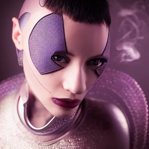 Image similar to Character portrait of Orianna, futuristic attire, fantasy, close-up, high detail, studio, smoke, sharp, 85mm Sigma Art Lens