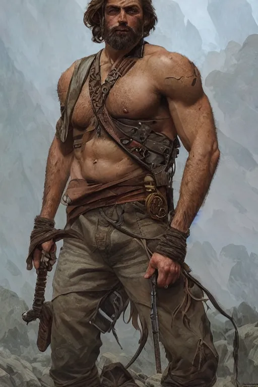 Image similar to portrait of a rugged ranger, muscular, upper body, hairy torso, D&D, fantasy, intricate, elegant, highly detailed, digital painting, artstation, concept art, smooth, sharp focus, illustration, art by artgerm and Greg Rutkowski and Alphonse Mucha