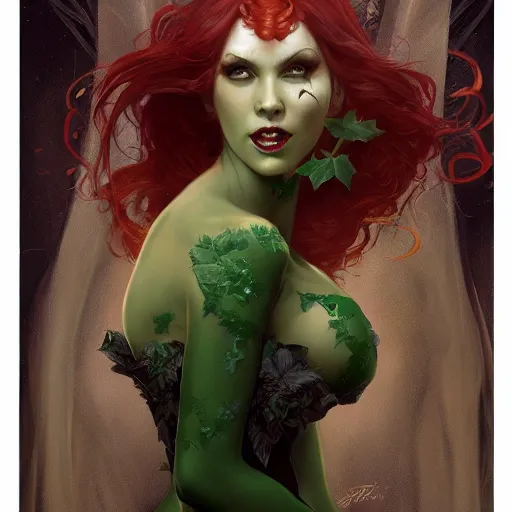 Image similar to a beautiful and detailed matte painting of poison ivy dressed as a seductive vampire cat girl, fantasy, d & d, dark eyeliner, intricate, elegant, highly detailed, digital painting, artstation, concept art, matte, sharp focus, illustration, art by greg rutkowski and alphonse mucha