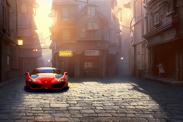 Image similar to a wholesome animation key shot of one focused ferrari, dynamic, on an ancient london street, wide shot, studio ghibli, pixar and disney animation, sharp, very detailed, high resolution, rendered in unreal engine 5, anime key art by greg rutkowski, overcast lighting, dark