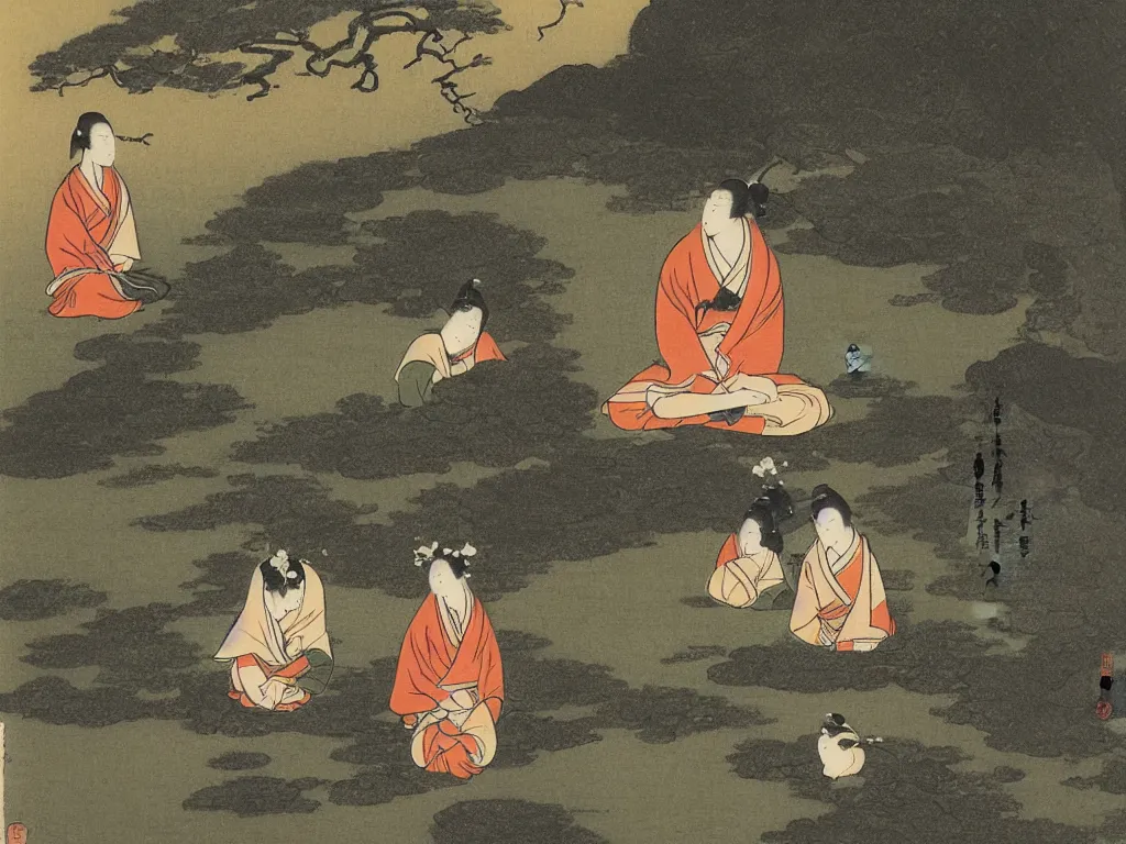 Prompt: four people meditation near a spring, by ohara koson