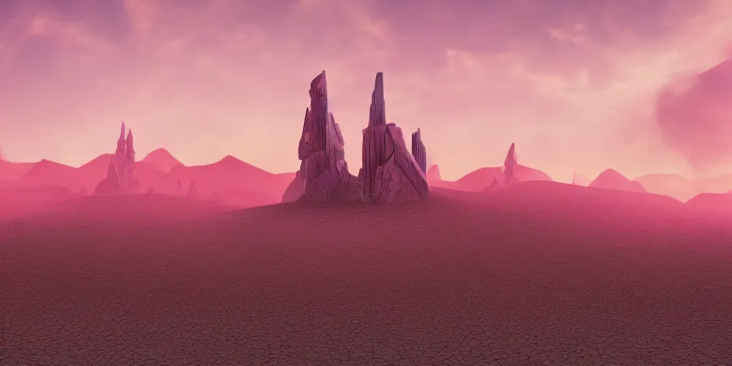 Prompt: artistic rendering of a cinematic shot of a scifi fantasy desertscape, beautiful pink sky, blue geometric tower with spires, processing the soul of an ancient alien