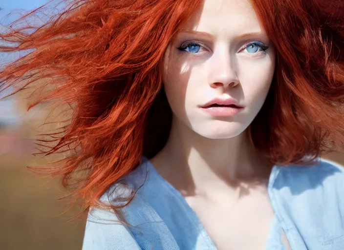 Prompt: close up portrait photograph of a thin young redhead woman with russian descent, sunbathed skin, with deep blue eyes. Wavy long maroon colored hair. she looks directly at the camera. Slightly open mouth, face takes up half of the photo. a park visible in the background. 55mm nikon. Intricate. Very detailed 8k texture. Sharp. Cinematic post-processing. Award winning portrait photography. Sharp eyes.