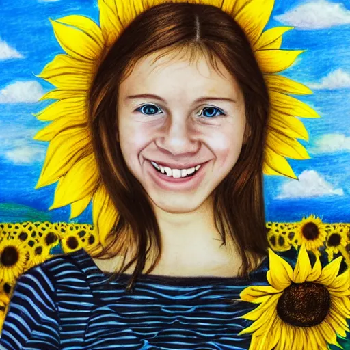 Image similar to Portrait, Drawing of a Ukrainian girl Smiling at the camera, Beautiful pretty young, flowers in her dark hair, Scene: Sunflower field, Colors: Yellow sunflowers, blue cloudy sky, In a style of Children scribbles