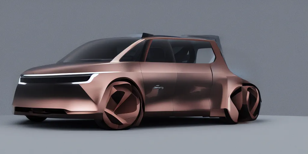 Image similar to a design of a futuristic minivan, designed by Polestar, blade runner background, stained antique copper car paint, black windows, dark show room, dramatic lighting, hyper realistic render, depth of field