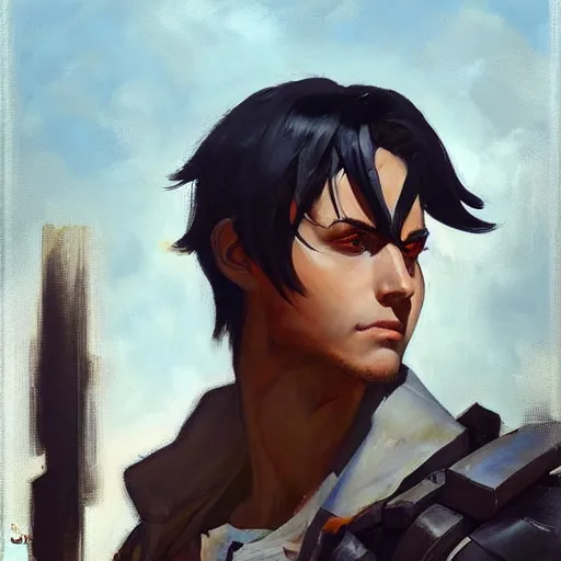 Image similar to greg manchess portrait painting of eren jager as overwatch character, medium shot, asymmetrical, profile picture, organic painting, sunny day, matte painting, bold shapes, hard edges, street art, trending on artstation, by huang guangjian and gil elvgren and sachin teng