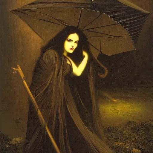 Prompt: a striking esoteric painting of bestie in the rain, dark, metal, black background, occult, by Edward Leighton