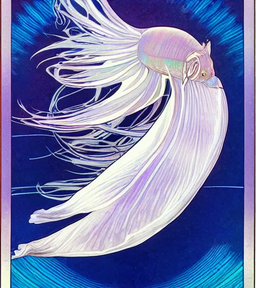 Prompt: a graceful iridescent white betta fish with long swirling fins, black-water-background, photo, artstation, alphonse-mucha