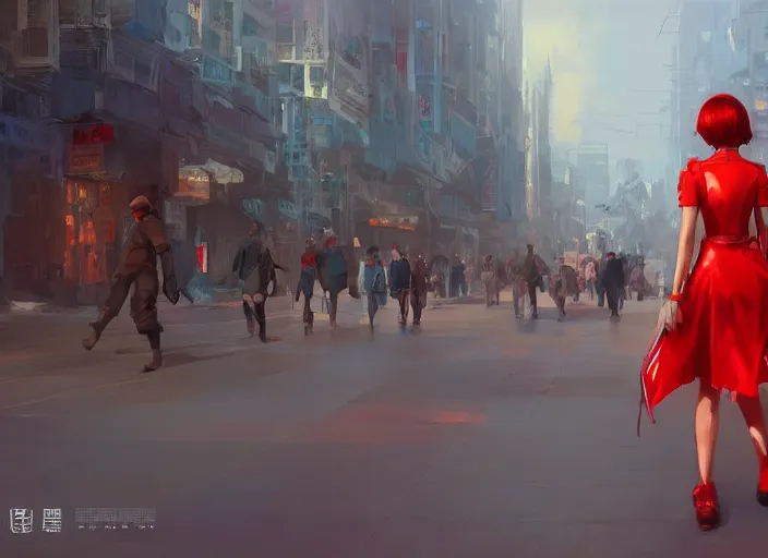 Prompt: glowing girl walking through daylight city carrying a red propaganda flag , DSLR 85mm, by Craig Mullins, ilya kuvshinov, krenz cushart, artgerm, Unreal Engine 5, Lumen, Nanite