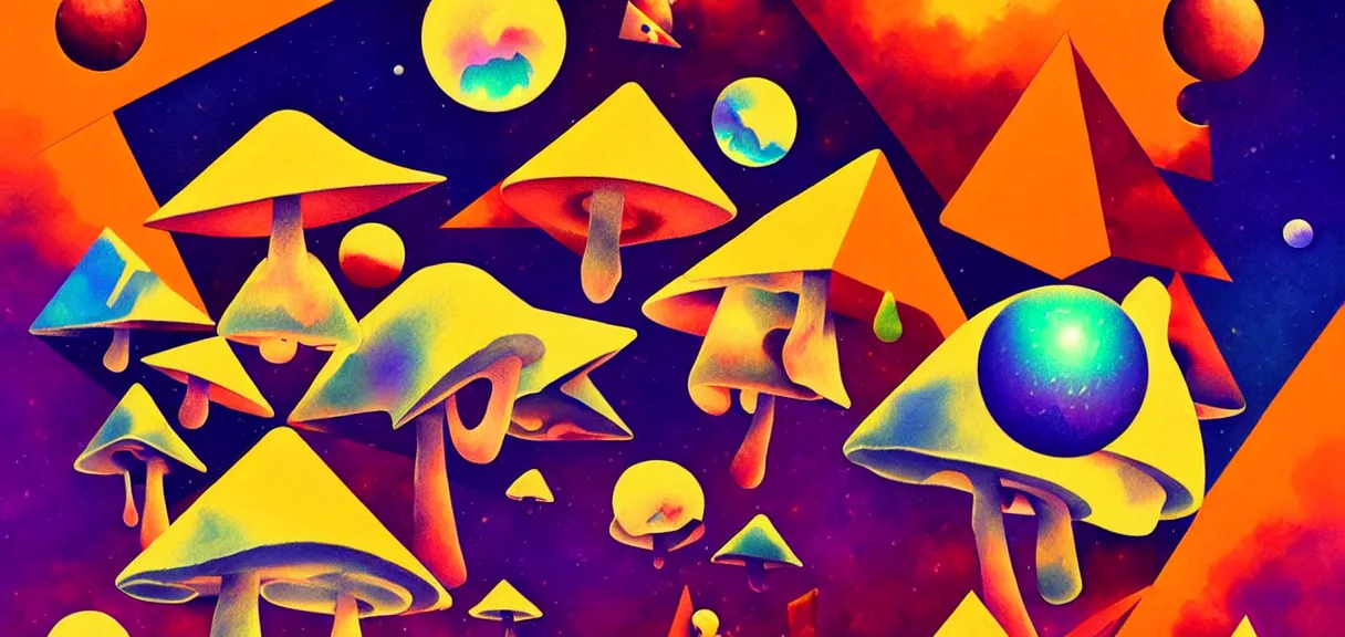 Prompt: post - minimalism comic abstract cubism portrait of triangle mushrooms growing square orbs, top down view, the moon orbiting other moons, iridescent clouds, vibrant color scheme, highly detailed, in the style of romanticism, cinematic, artstation, moebius, greg rutkowski