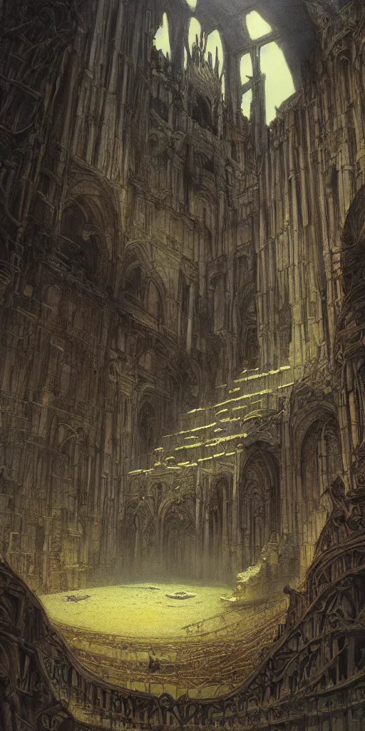 Image similar to Artwork by John Howe of the cinematic view of the Sanctuary of the Executioner.