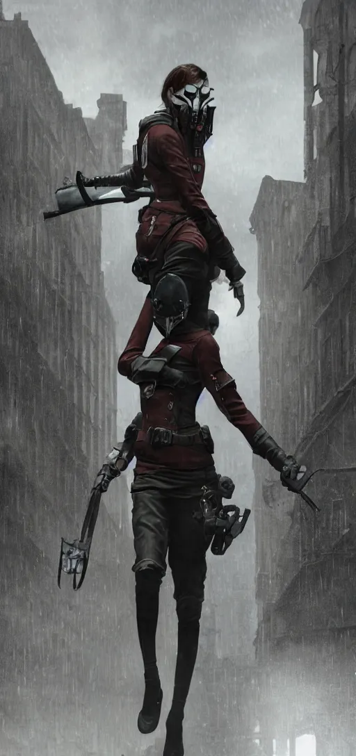 Image similar to annie leonhart in dunwall city wearing corvo attano mask and reckon corps uniform running on a roof, redshift render, cinematic lighting, rainy weather, melancholy atmosphere, dunwall city, volumetric light, octane render, dishonored game, dishonored 1, gothic architecture, realistic reflections, octane render 8 k