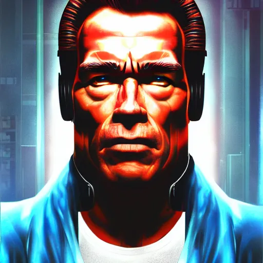 Image similar to cyberpunk arnold schwarzenegger as the leader of a futuristic communist society, cybernetics, sharp lines, digital, artstation, colored in