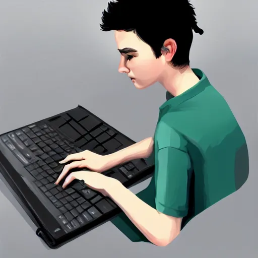 Image similar to realistic teenager using laptop in super tech room, artstation trends, concept art, highly detailed, intricate, sharp focus, digital art, 8 k