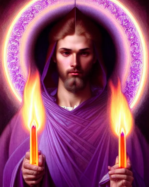 Image similar to portrait of saint germain holding a violet colored flame, purple fire, intricate, elegant, highly detailed, digital painting, artstation, concept art, smooth, sharp focus, illustration, art by artgerm and greg rutkowski and fra angelico and alphons mucha