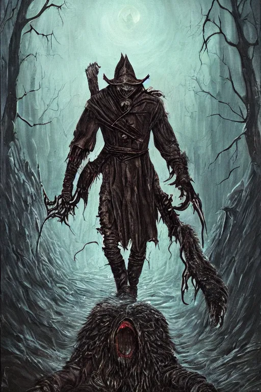 Image similar to bloodborne werewolf oil painting, horror, lovecraftian horror, bloody, pools of blood, reflecting