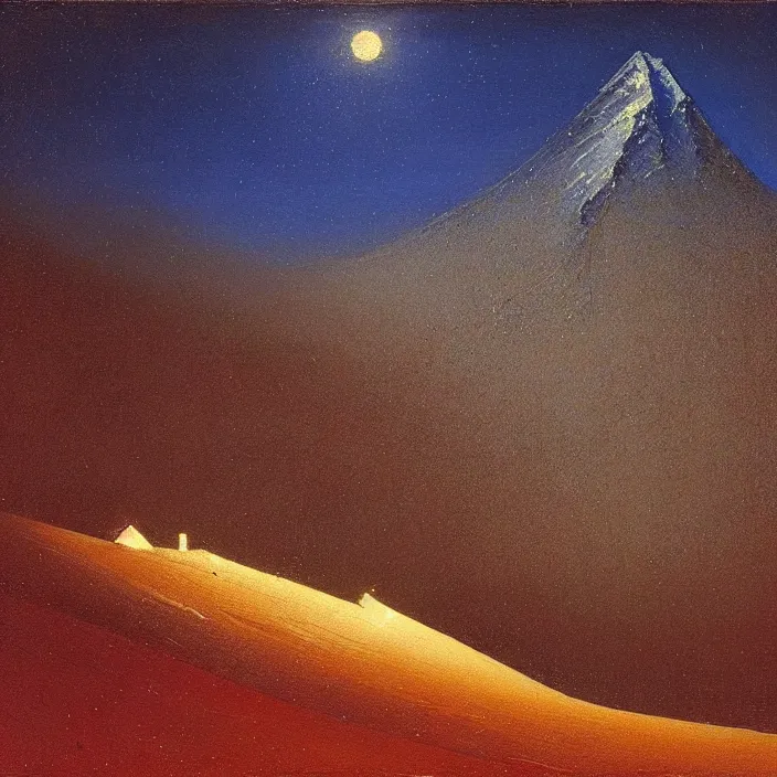 Image similar to mt elbrus at night, arkhip kuindzhi painting, oil painting, luminous light, blue palette