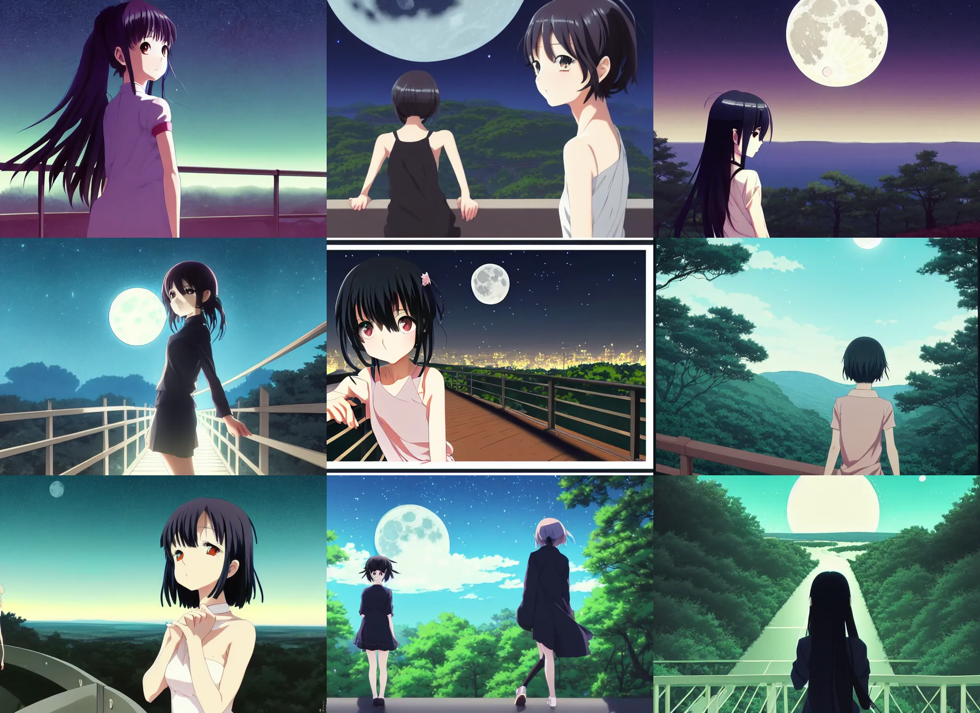 Prompt: anime visual, dark portrait of a young woman sightseeing at midnight overlook from the park, moon, guardrail, cute face by ilya kuvshinov, yoh yoshinari, makoto shinkai, katsura masakazu, dynamic pose, dynamic perspective, cel shaded, flat shading mucha, rounded eyes, realistic proportions, dramatic, detailed facial features