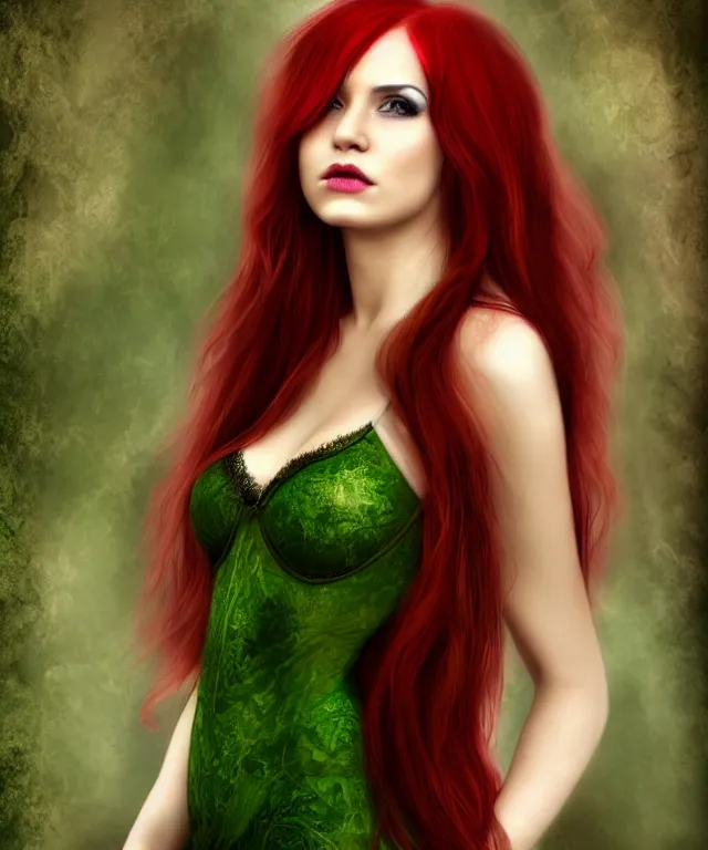 Image similar to Beautiful young woman, Fae, Fantasy, highly detailed, portrait, long red hair, green highlights