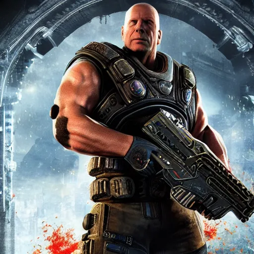 Prompt: a 40 years old Bruce Willis as a buffed gears of war 4 videogame character, undertailed, 8k render,