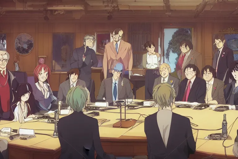 Image similar to cell shaded anime key visual of a federation council meeting with important people in the stlye of studio ghibli, moebius, ayami kojima, makoto shinkai, dramatic lighting