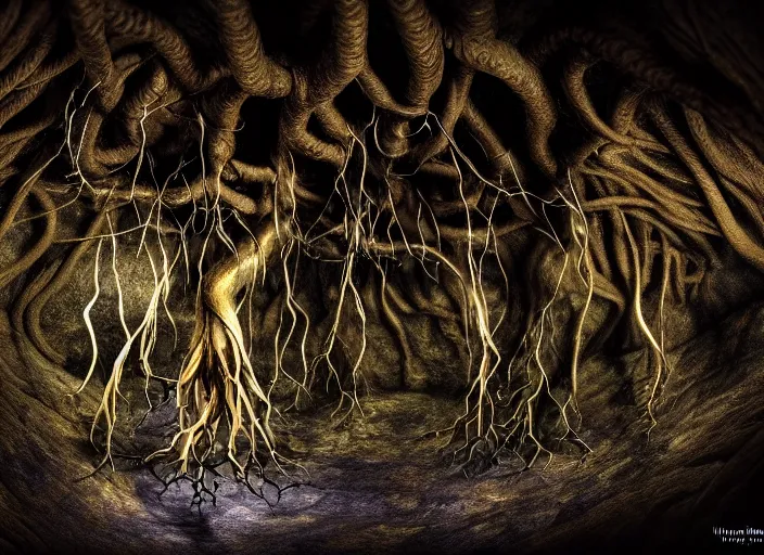 Image similar to photo of roots growing down from a ceiling in an underground cavern wrapped around an elven woman. Fantasy magic horror style. Highly detailed 8k. Intricate. Nikon d850 55mm. Award winning photography.