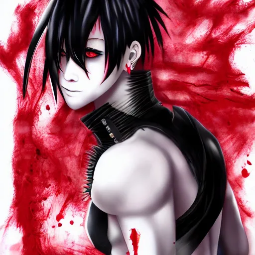 Prompt: Asian goth, male, black lipstick, pale skin, detailed spiky red hair, detailed, wearing bloody bandages, leather clothing, 4K, drawn by Ai Yazawa