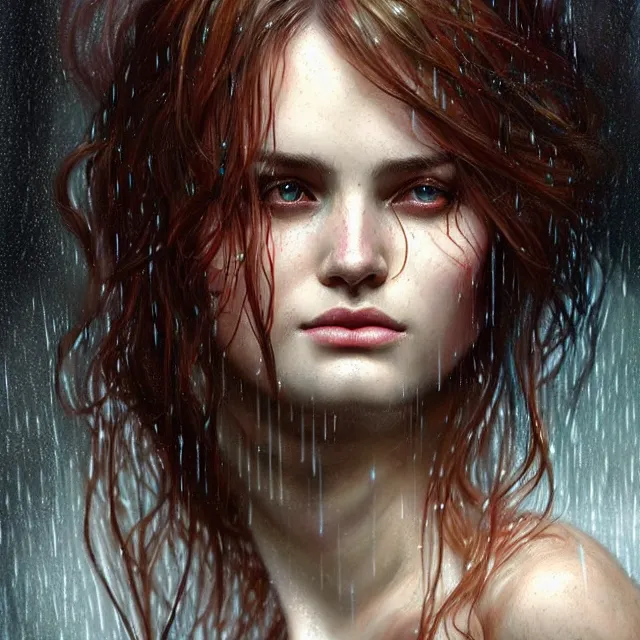 Prompt: bright portrait rain on face and wet hair, overhead lighting, fantasy, intricate, elegant, dramatic lighting, highly detailed, lifelike, photorealistic, digital painting, artstation, illustration, concept art, smooth, sharp focus, art by John Collier and Albert Aublet and Krenz Cushart and Artem Demura and Alphonse Mucha