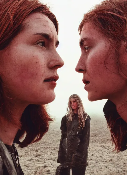 Image similar to cinestill 5 0 d photographic portrait of two loving female androids wearing rugged black techwear on a desolate plain with a red sky in front of a brutalist monolith, extreme closeup, cyberpunk style, dust storm, 8 k, hd, high resolution, 3 5 mm, f / 3 2, ultra realistic faces, ex machina, steve mccurry