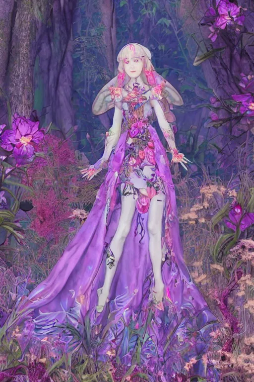 Image similar to beautiful female forest spirit wearing ornate floral cybernetic hungarian valentino resort dress in a lofi 3 d psx rpg style, esoteric magical alien meadow ritual environment, fashion gameplay screenshot portrait, highly detailed, atelier, xenogears