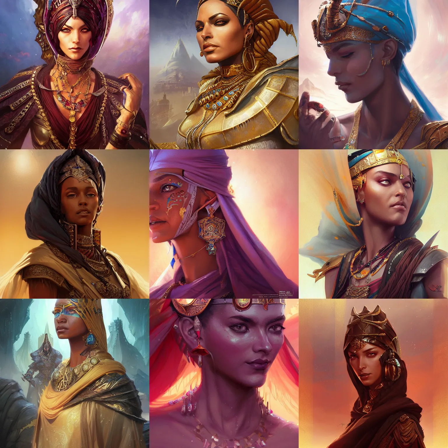 Prompt: saharan empress, D&D, fantasy, portrait, highly detailed, digital painting, trending on artstation, concept art, sharp focus, illustration, art by artgerm and greg rutkowski and magali villeneuve