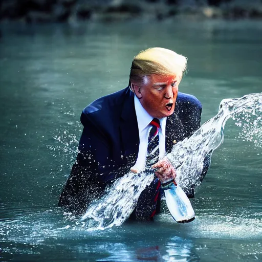 Image similar to national geographic professional photo of trump lapping up water in a busy watering hole, award winning