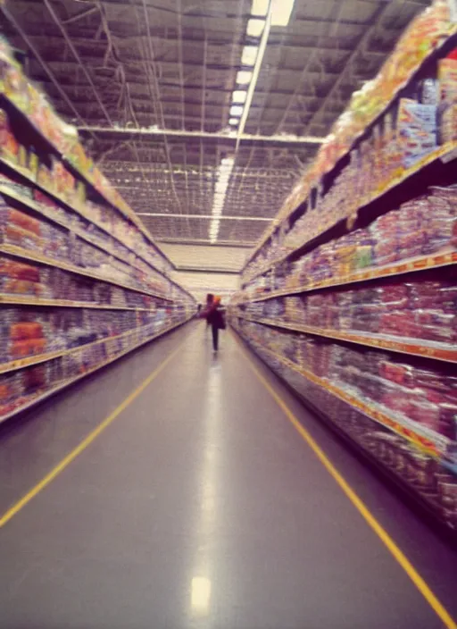 Image similar to first person view. walking through a costco in 1 9 9 7. blurry polaroid. simple composition.