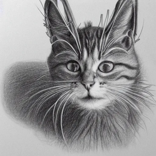 Image similar to a biological illustration of a cat with horns and a bee sting, pencil drawing