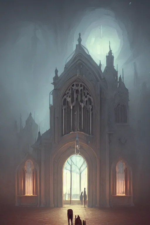 Image similar to illustration of close - up street view of gothic pipe organ, night, smoke, ground fog, by peter mohrbacher, by alex andreev, by jacek yerka, large depth of field, super detailed, digital art, trending on artstation, minimalism