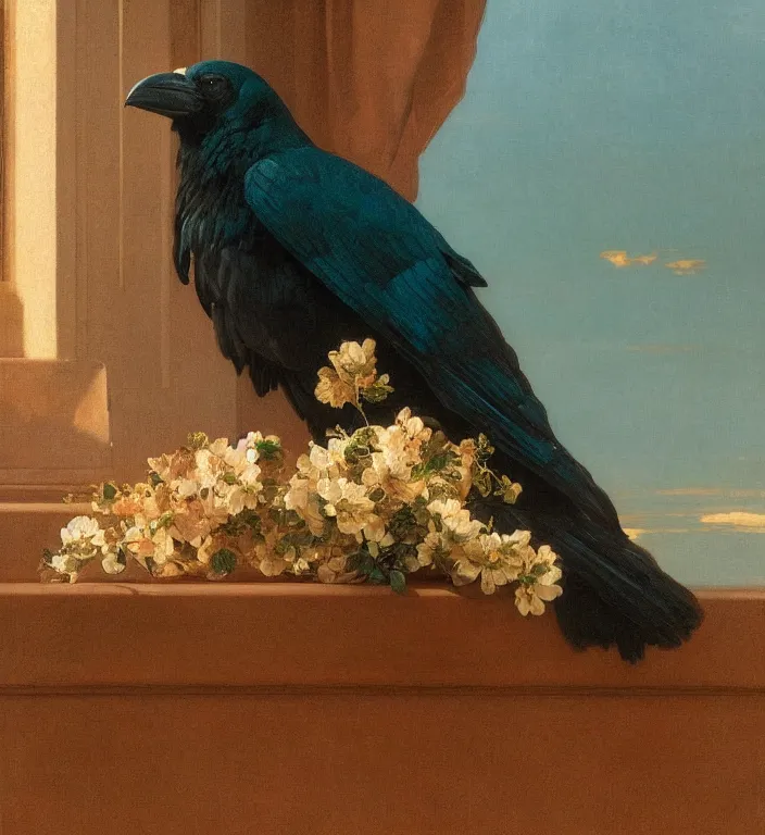 Image similar to a beautifully photoreal clear detailed victorian portrait of a close up raven on a victorian windowsill with an ornate velvet dark teal curtain at beautiful sunset daytime nature sunlit painting by frederic leighton and turner and morris and rosetti, 8 k, octane render